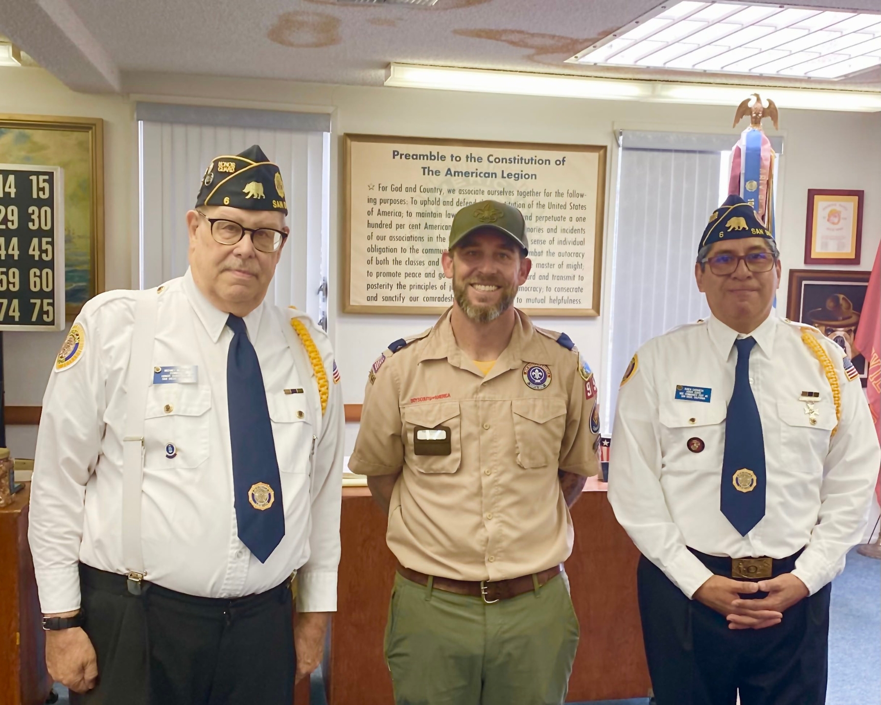 American Legion veterans in formal uniforms with Boy Scout Troop 958 leader at Post 6