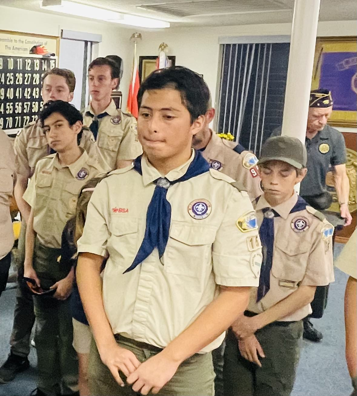Boy Scout Troop 958 members in uniform during meeting at American Legion Post 6